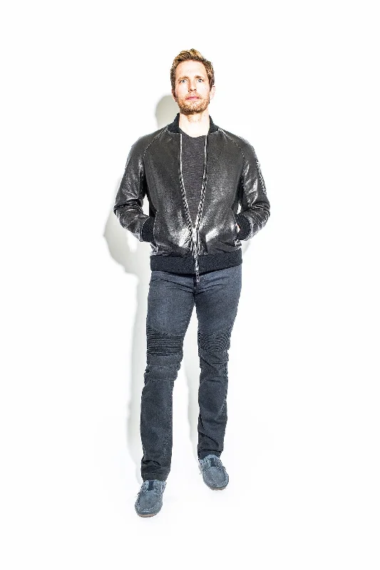 Men's Black Leather Bomber Jacket