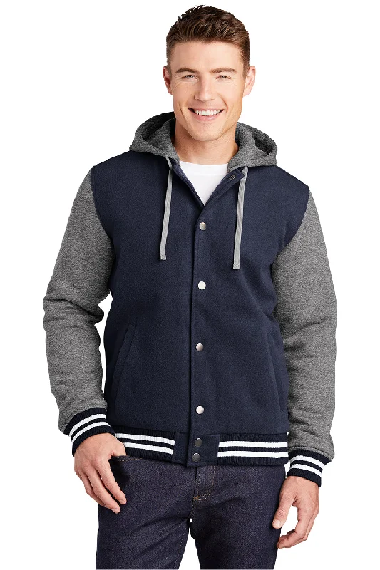 Sport-Tek Mens Snap Down Hooded Letterman Jacket - True Navy Blue/Heather Vintage Grey/White