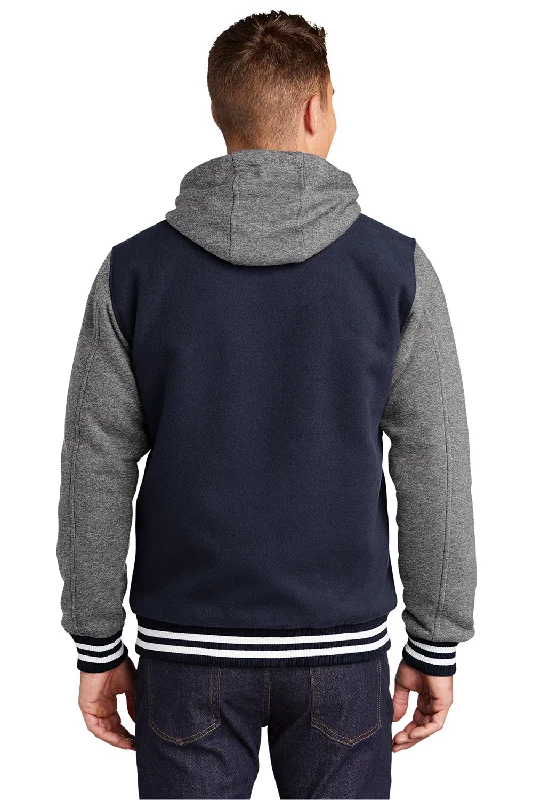 Sport-Tek Mens Snap Down Hooded Letterman Jacket - True Navy Blue/Heather Vintage Grey/White