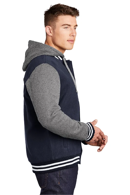 Sport-Tek Mens Snap Down Hooded Letterman Jacket - True Navy Blue/Heather Vintage Grey/White