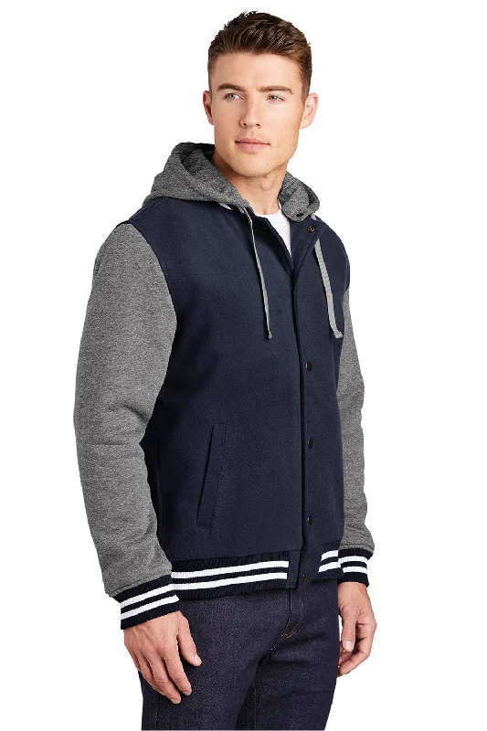 Sport-Tek Mens Snap Down Hooded Letterman Jacket - True Navy Blue/Heather Vintage Grey/White