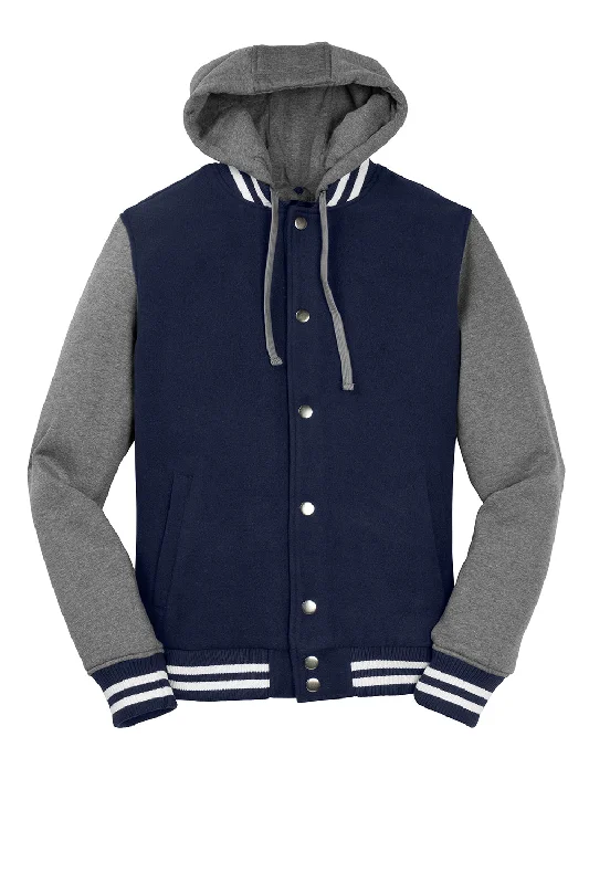 Sport-Tek Mens Snap Down Hooded Letterman Jacket - True Navy Blue/Heather Vintage Grey/White