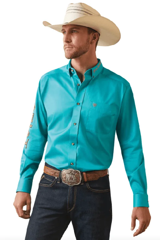 Ariat Men's Team Logo Teal Twill Fitted Long Sleeve Shirt 10043569