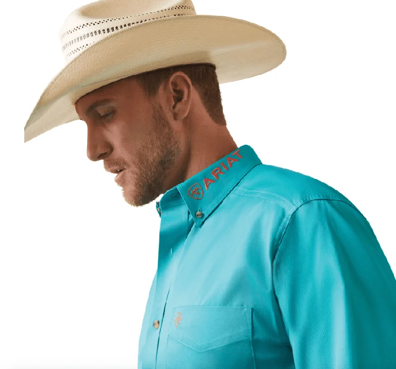 Ariat Men's Team Logo Teal Twill Fitted Long Sleeve Shirt 10043569