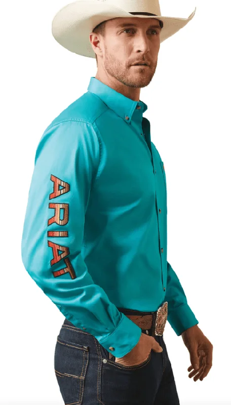 Ariat Men's Team Logo Teal Twill Fitted Long Sleeve Shirt 10043569