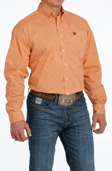 Cinch Men's Orange Geo Print Button Long Sleeve Western Shirt MTW1105522