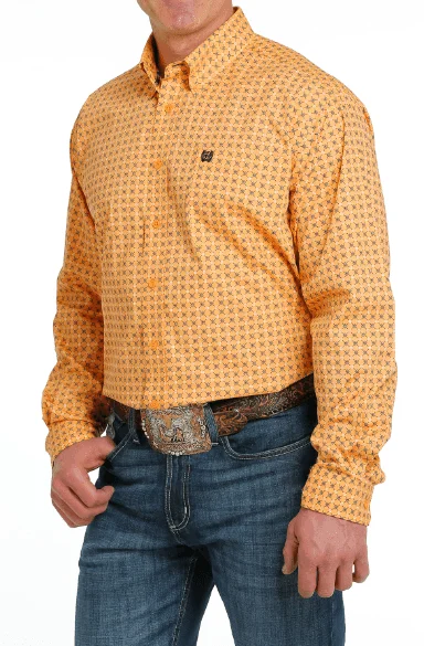 Cinch Men's Orange Geo Print Button Long Sleeve Western Shirt MTW1105556