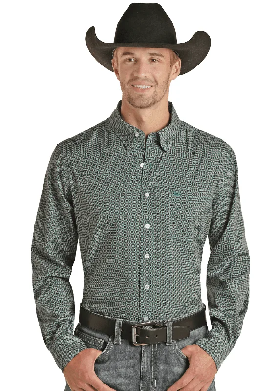 Panhandle Men's Turquoise Aztec Geo Button Up Western Shirt PPMSODRZ00