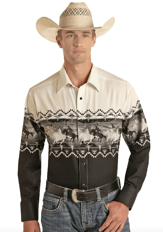 Panhandle Men's Ivory/Black Western Print Long Sleeve Snap Shirt PHMSOSR0MU