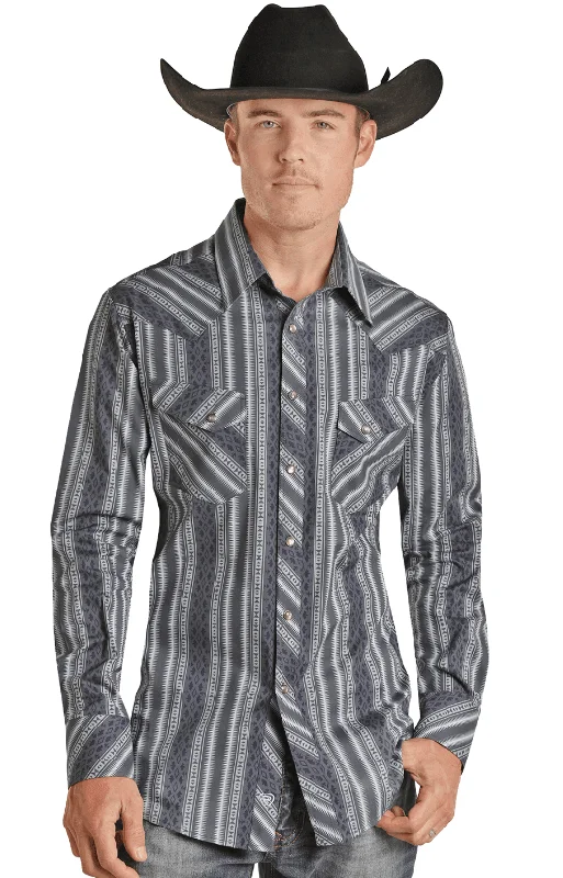 Rock & Roll Cowboy Men's Blue Aztec Stripe Print Snap Up Long Sleeve Western Shirt RRMSOSR08V