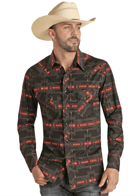 Rock & Roll Cowboy Men's Black Aztec Print Long Sleeve Snap Shirt RRMSOSR0Q5