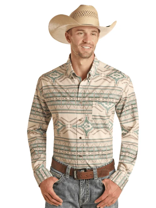 Rock & Roll Cowboy Men's Teal Aztec Long Sleeve Western Shirt RRMSODR0R7