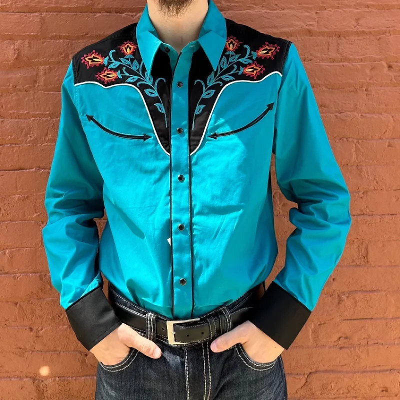 Rock & Roll Cowboy Men's Teal and Black Embroidered Modern Fit Long Sleeve Shirt RRMSOSR0XY