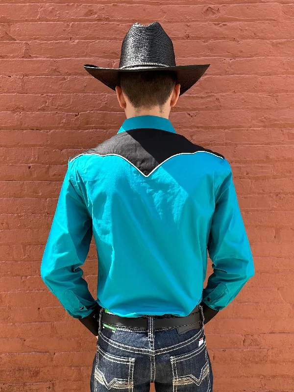 Rock & Roll Cowboy Men's Teal and Black Embroidered Modern Fit Long Sleeve Shirt RRMSOSR0XY