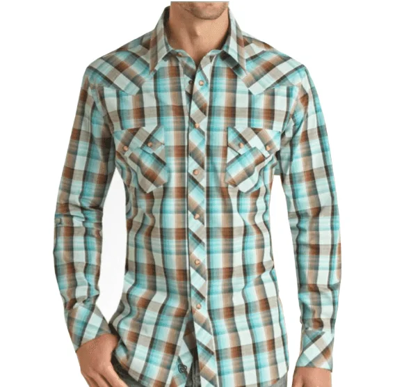 Rock & Roll Cowboy Men's Modern Fit Teal Plaid Long Sleeve Snap Shirt RRMSOSR0PX