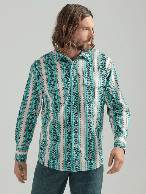 Wrangler Men's Checotah Long Sleeve Turquoise Print Western Snap Shirt 112324790