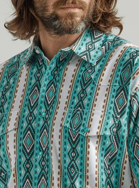 Wrangler Men's Checotah Long Sleeve Turquoise Print Western Snap Shirt 112324790