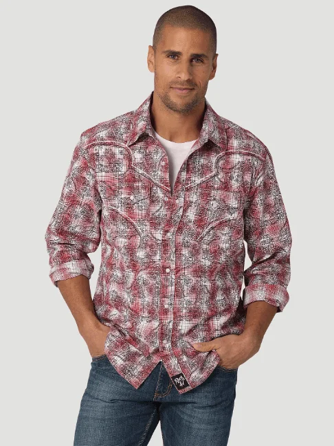 Wrangler Men's ROCK 47 Red Plaid Long Sleeve Western Snap Shirt 112324828