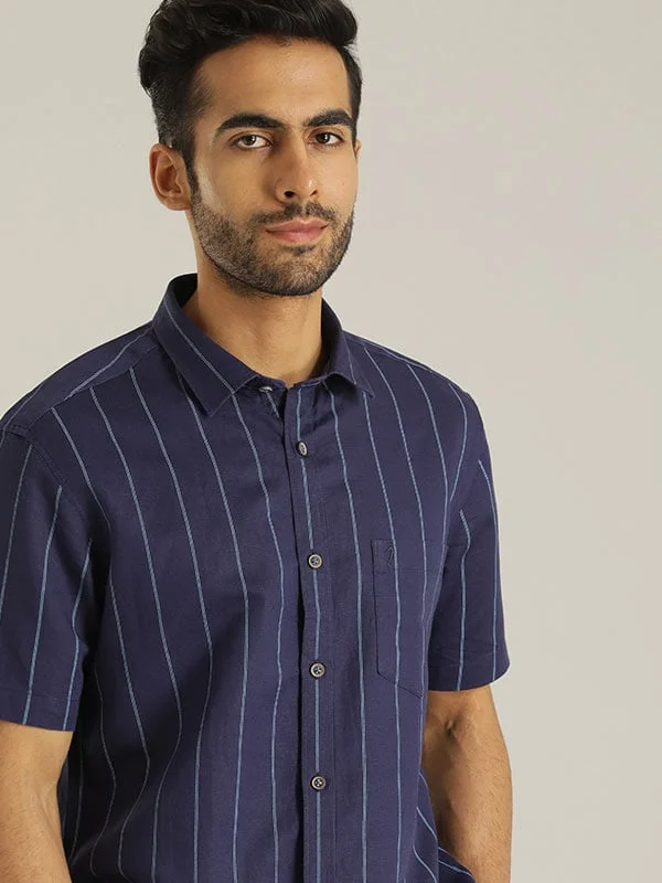 Men Striped Half Sleeve Linen Blend Shirt