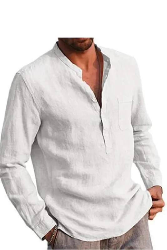 Men's Long-Sleeved Shirts Summer Solid Color Stand-Up Collar Casual Beach Style