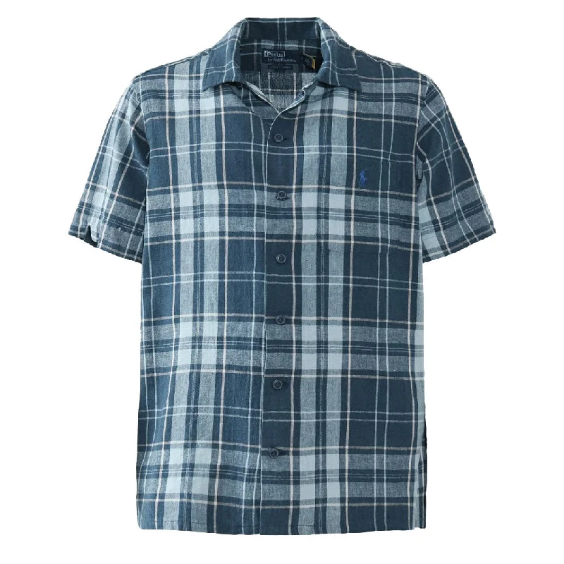 Polo Ralph Lauren Classic Fit Plaid Poplin Camp Shirt Indigo Khaki