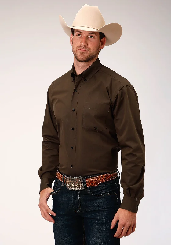 Roper Mens Brown 100% Cotton Black Fill L/S 1 Pkt Shirt