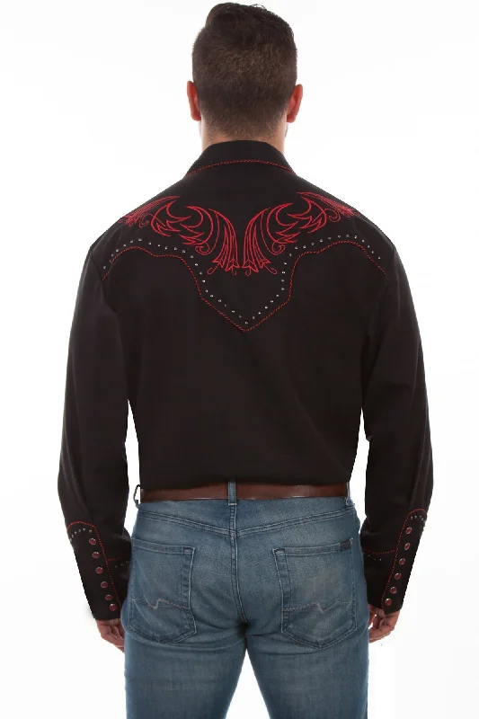 Scully Mens Black Poly/Rayon Red Scroll L/S Shirt