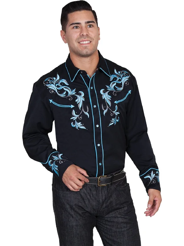 Scully Western Mens Black Polyester L/S Two Tone Leaf Western Shirt