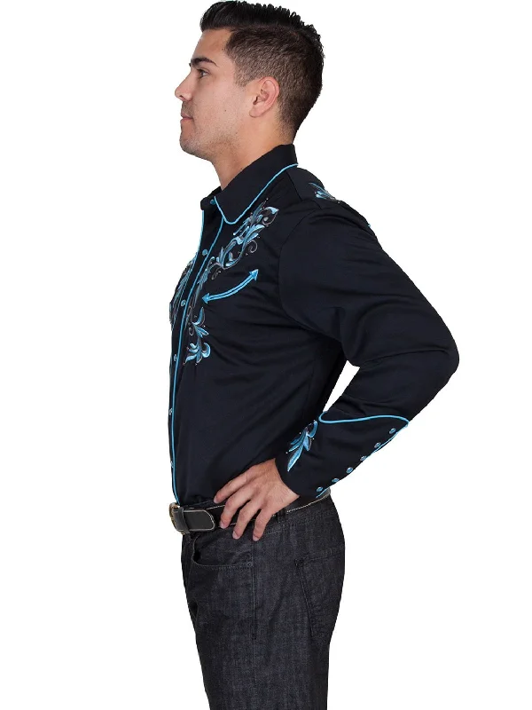 Scully Western Mens Black Polyester L/S Two Tone Leaf Western Shirt