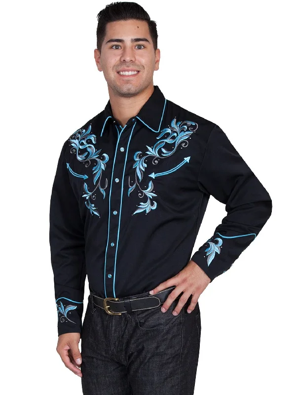 Scully Western Mens Black Polyester L/S Two Tone Leaf Western Shirt