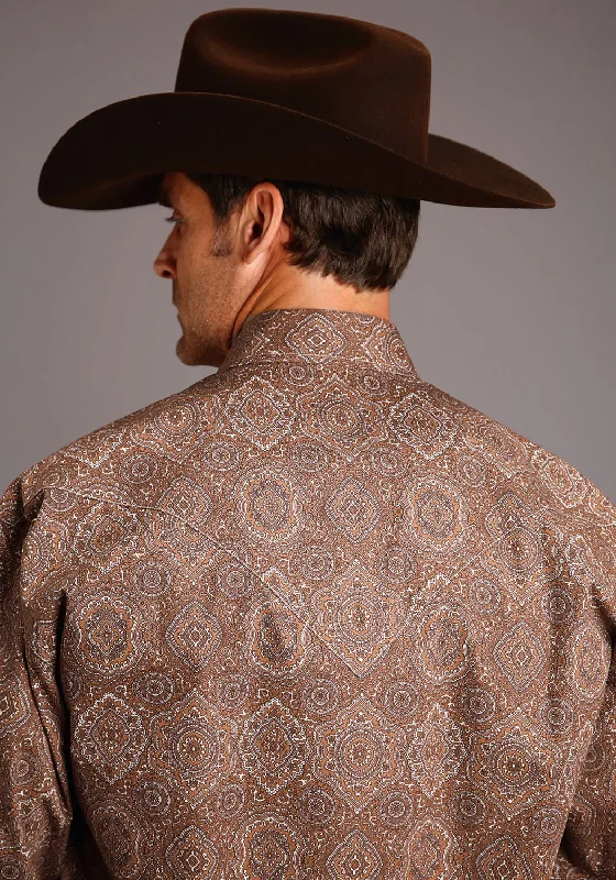 Stetson Mens Brown 100% Cotton Medallion Paisley L/S 2 Pkt Shirt