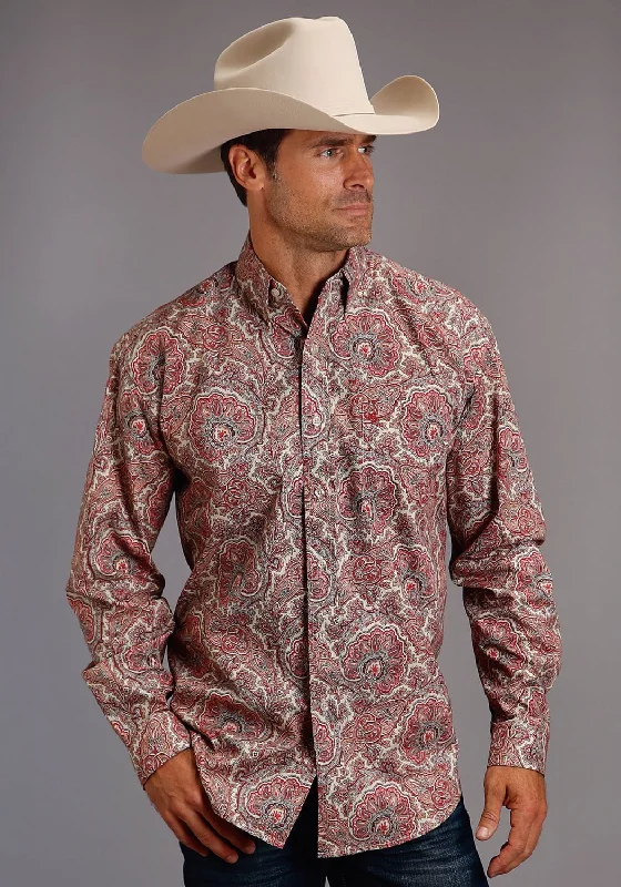 Stetson Mens Red 100% Cotton Sandstone Paisley BD L/S 1 Pkt Shirt