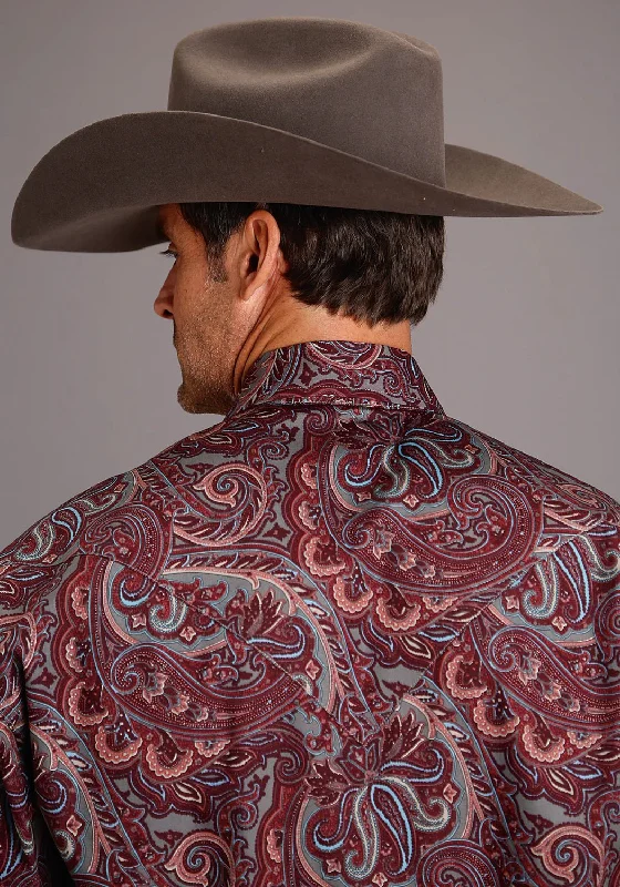 Stetson Mens Wine 100% Cotton Sandstone Paisley L/S 2 Pkt Shirt