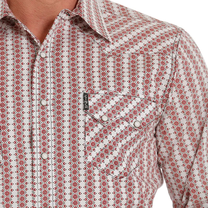 Cinch Men's White & Burgundy Print Shirt