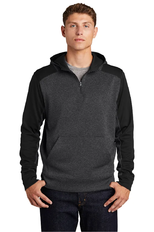 Sport-Tek Mens Tech Moisture Wicking Fleece 1/4 Zip Hooded Sweatshirt Hoodie - Heather Graphite Grey/Black