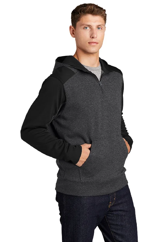 Sport-Tek Mens Tech Moisture Wicking Fleece 1/4 Zip Hooded Sweatshirt Hoodie - Heather Graphite Grey/Black