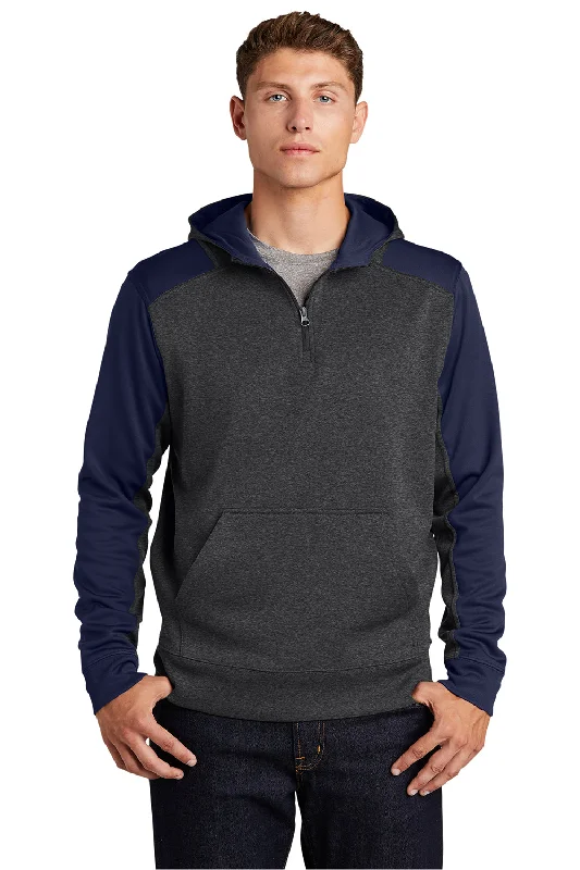 Sport-Tek Mens Tech Moisture Wicking Fleece 1/4 Zip Hooded Sweatshirt Hoodie - Heather Graphite Grey/True Navy Blue