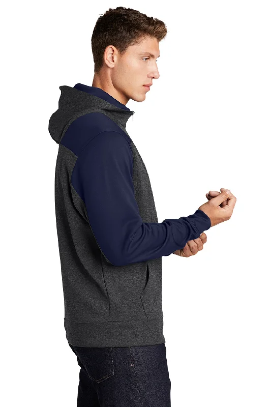 Sport-Tek Mens Tech Moisture Wicking Fleece 1/4 Zip Hooded Sweatshirt Hoodie - Heather Graphite Grey/True Navy Blue