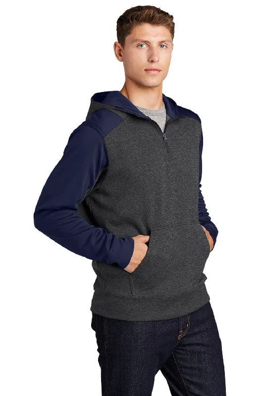 Sport-Tek Mens Tech Moisture Wicking Fleece 1/4 Zip Hooded Sweatshirt Hoodie - Heather Graphite Grey/True Navy Blue