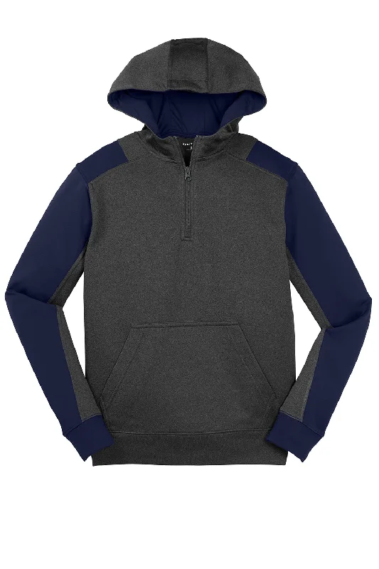 Sport-Tek Mens Tech Moisture Wicking Fleece 1/4 Zip Hooded Sweatshirt Hoodie - Heather Graphite Grey/True Navy Blue