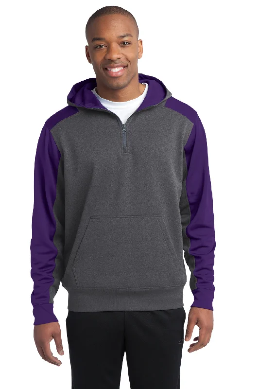 Sport-Tek Mens Tech Moisture Wicking Fleece 1/4 Zip Hooded Sweatshirt Hoodie - Heather Graphite Grey/Purple - Closeout